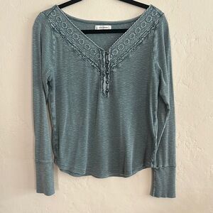 Lucky Brand Green Tie Front Ribbed Long Sleeve Top